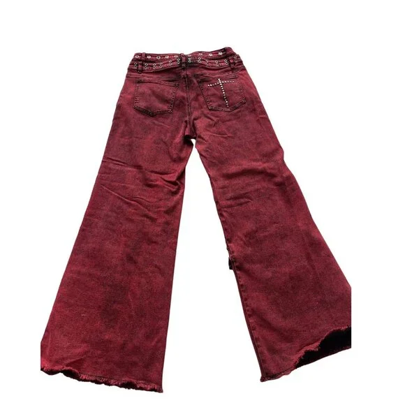 Y2K Red Distressed Wide Leg Cargo Denim Pants Grunge Size L - Picture 6 of 6